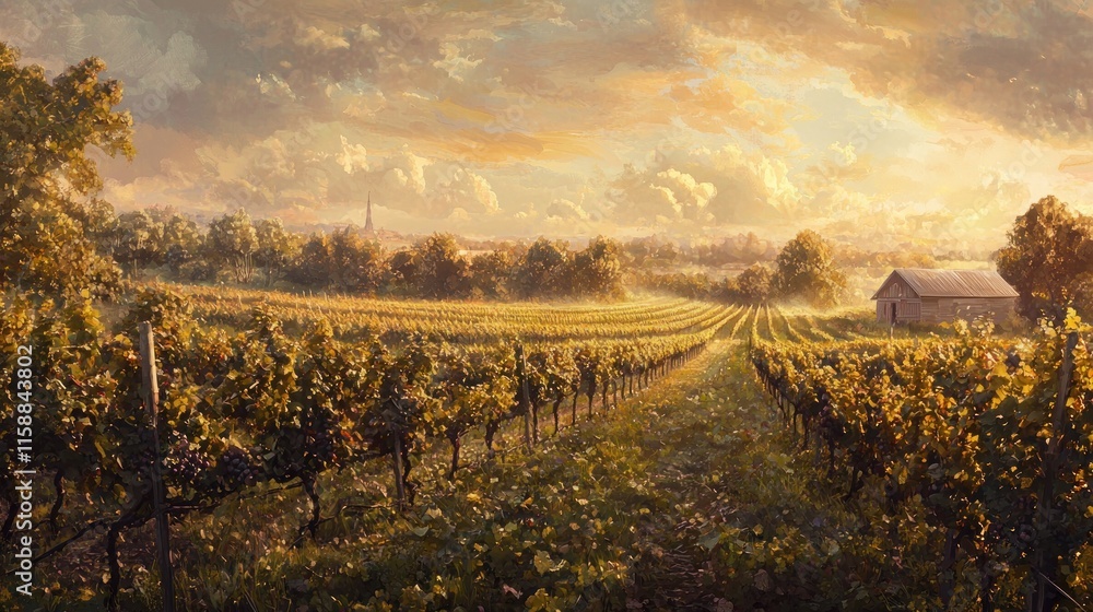 Fototapeta premium Serene vineyard sunrise landscape with mist, rows of vines, and a distant village.
