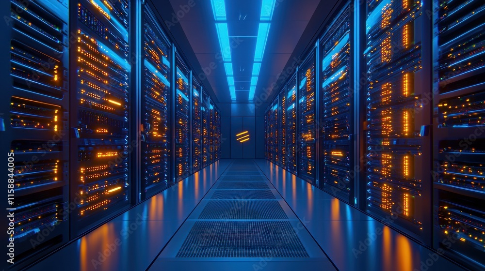 Futuristic server room with glowing racks. Futuristic server room with glowing racks.