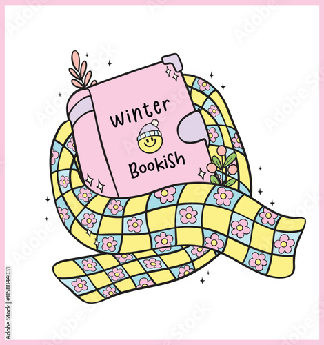 Cute Groovy Retro Winter Bookish wrapped in cozy scarf Illustration Hand Drawn Doodle.