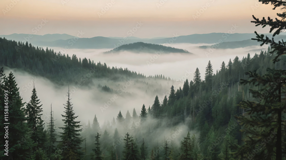Obraz premium Timeless Tranquility A Mist-Shrouded Fir Forest with Faded Textures and Soft Amber Sky for a Retro Vibe