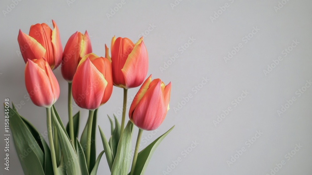 Fototapeta premium A minimalist composition of vibrant orange tulips against a soft gray backdrop, close-up shot, Modern style
