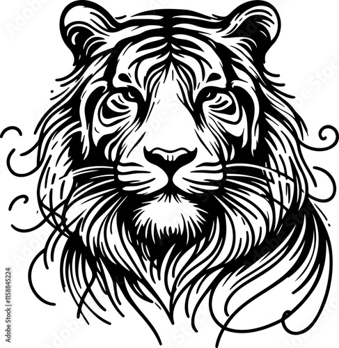 detailed line art illustration of a tigers face featuring intricate details and a dynamic composition