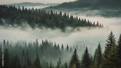 Whispers of the Forest Dreamy Fir Trees in a Misty Landscape with Muted Greens, Grays, and a Vintage Aesthetic photo