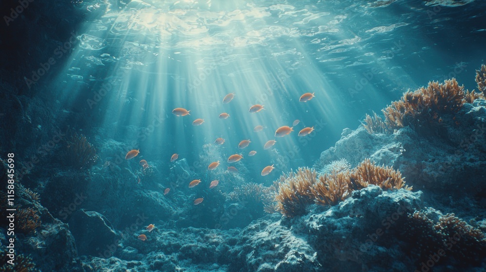 Fototapeta premium Sunbeams illuminate vibrant coral reef and fish. (3)