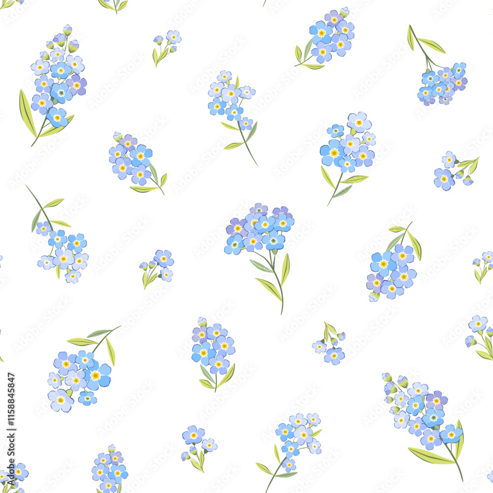 Vector illustration. Seamless floral patterns in blue tones, forget-me-not flowers. Flowers, summer, vacation, fabric design, wrapping paper