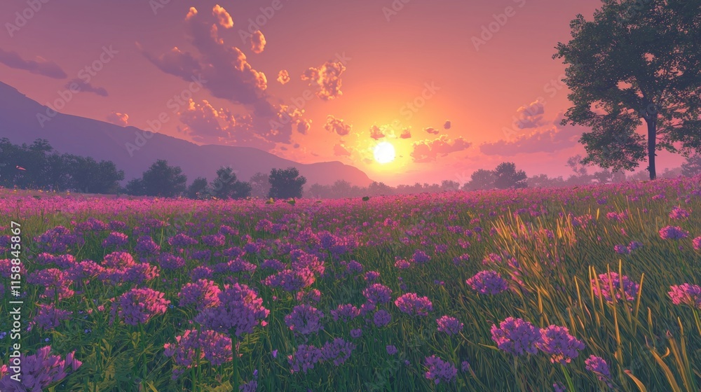 Obraz premium Vibrant sunset over a vast purple flower field.