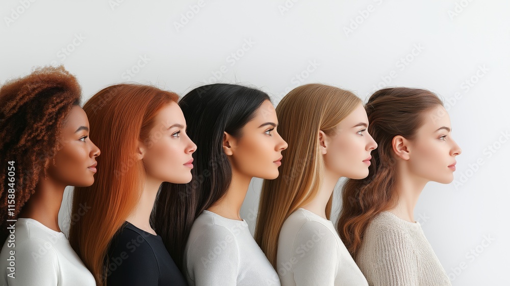 Obraz premium A diverse group of women of various ages and ethnicities stands in profile, showcasing professional attire against a bright, neutral background