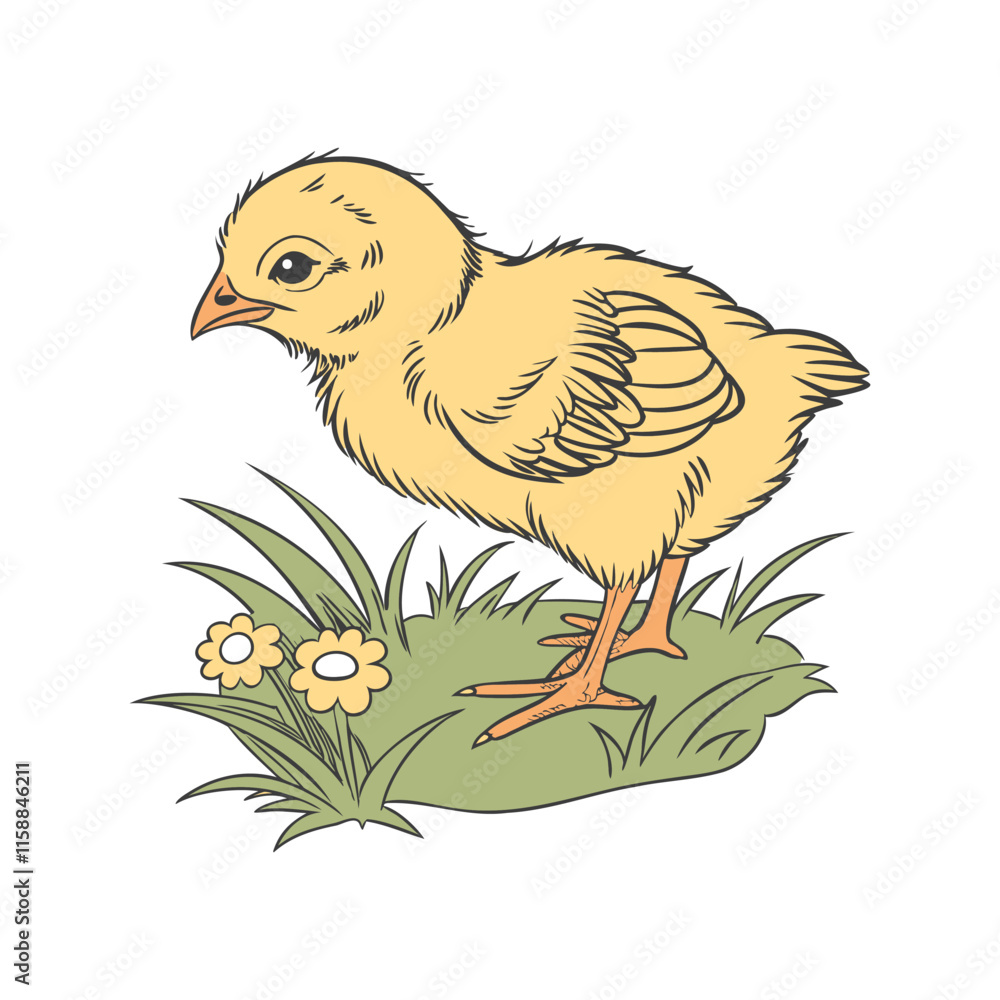 Fototapeta premium Yellow chick in the grass with flowers. Cute poultry illustration.