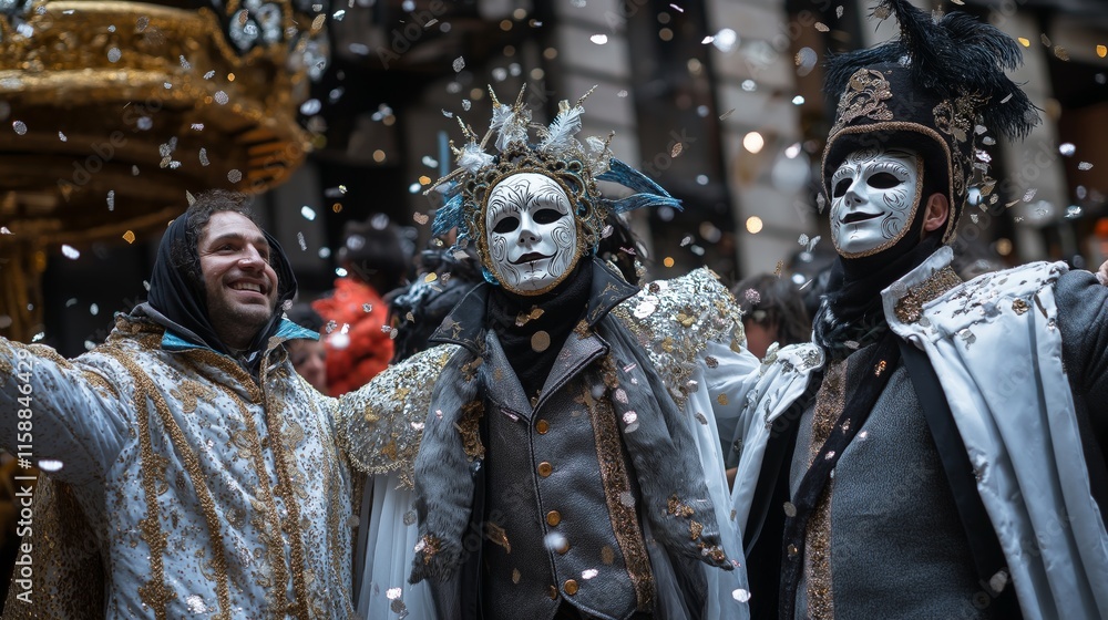 Fototapeta premium A diverse group of people in unique Mardi Gras costumes and Venetian masks, celebrating amid festive floats and confetti