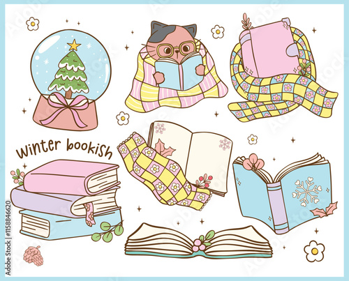 Pastel Groovy Retro Winter Bookish reading book Element Illustration Hand Drawn Doodle Clipart Set