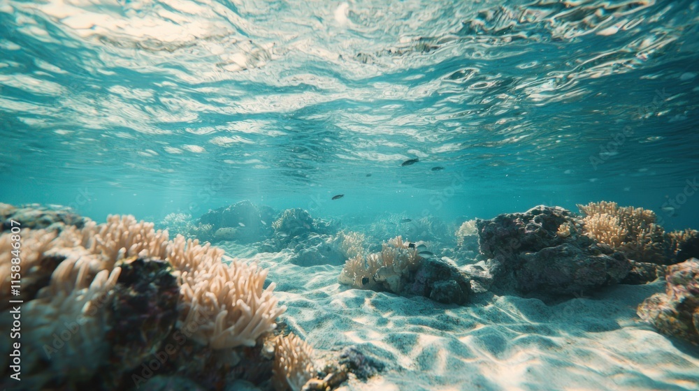 Underwater coral reef scene with sunlight and fish. Underwater coral reef scene with sunlight and fish.