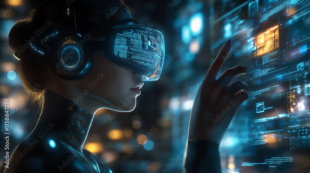 Person with futuristic glasses and computer lights and holograms in the background. Person with futuristic glasses and computer lights and holograms in the background.