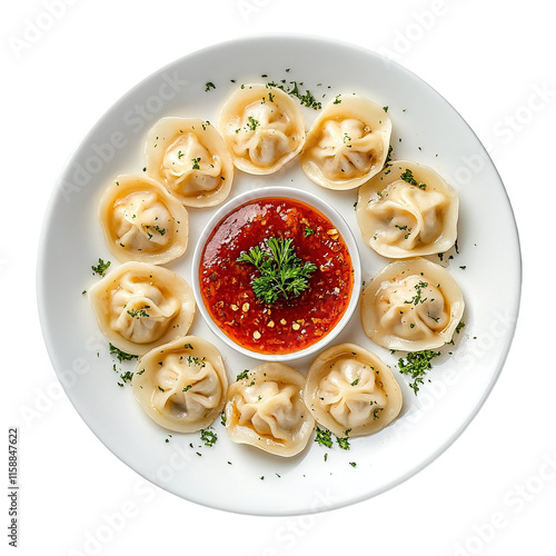 Traditional dumpling momos food from Nepal served with tomato chutney in plate isolated