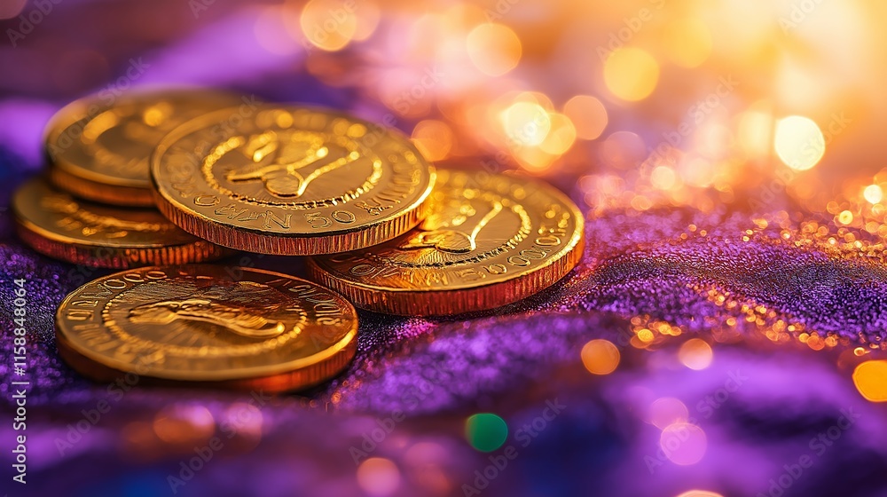 Close-up of shiny Mardi Gras coins and symbols of luck on a decorative cloth with vibrant colors and warm lighting Close-up of shiny Mardi Gras coins and symbols of luck on a decorative cloth with vibrant colors and warm lighting