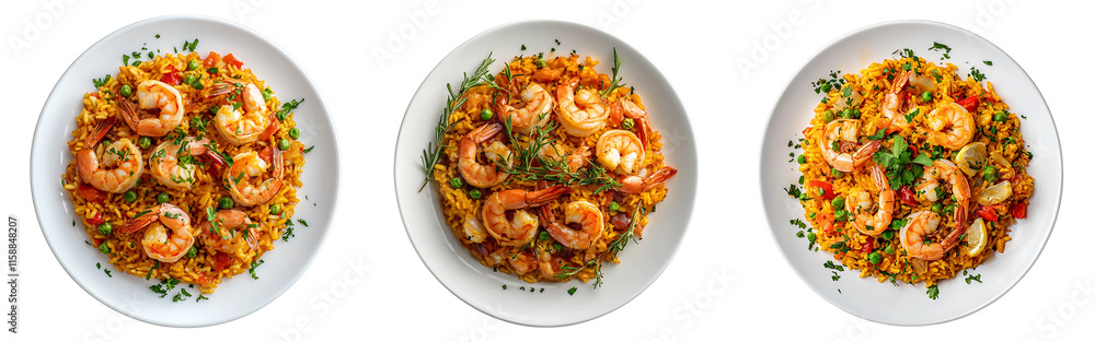 A collection of perfectly plated paella dishes featuring artistically arranged plump shrimp and vibrant green herbs, isolated on a white or transparent background.