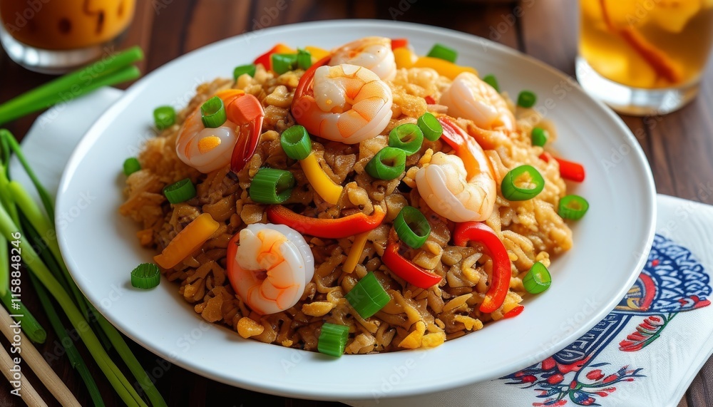 Delicious Khao Pad Thai Fried Rice with Shrimp and Colorful Vegetables on a White Plate Delicious Khao Pad Thai Fried Rice with Shrimp and Colorful Vegetables on a White Plate