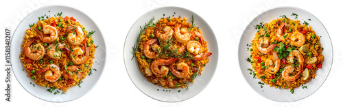 A collection of perfectly plated paella dishes featuring artistically arranged plump shrimp and vibrant green herbs, isolated on a white or transparent background. photo