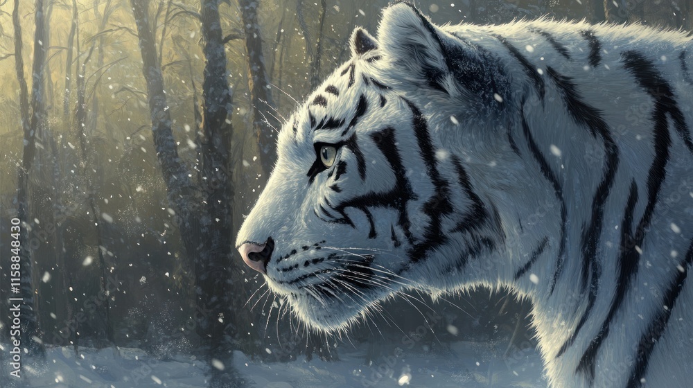 Naklejka premium A side profile of a white tiger's head, its whiskers glistening with frost, against a serene winter forest backdrop, capturing the essence of strength and elegance.