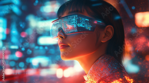 Person with futuristic glasses and computer lights and holograms in the background. photo