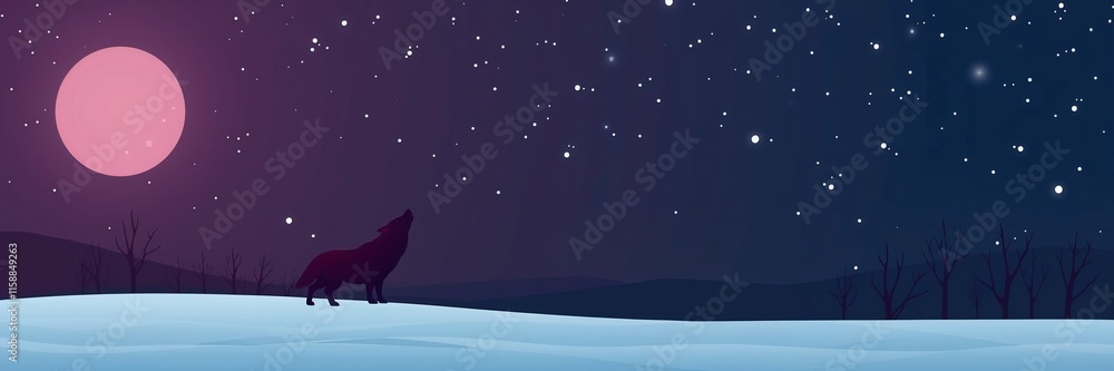 Obraz premium Minimalistic illustration of a wolf howling at a large moon in a starry night sky