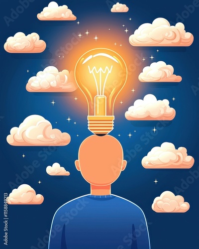 Never give up the mindset of persistence and victory. Light bulb above a person's head with clouds and stars in the background photo