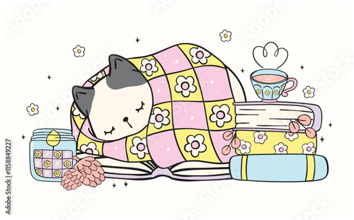 Cute Groovy Retro Cozy Winter Bookish Cat Sleeping on Book with stacked of Books and coffee Illustration Hand Drawn Doodle.