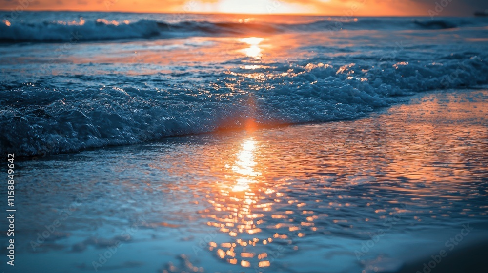 Fototapeta premium Sunset ocean wave reflecting light on beach.