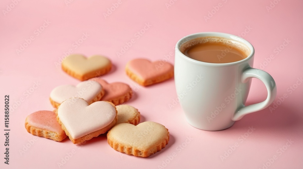 A photograph of heart-shaped cookies and a coffee cup with heart-shaped foam, Perfect for Valentine’s Day Recipes. A photograph of heart-shaped cookies and a coffee cup with heart-shaped foam, Perfect for Valentine’s Day Recipes.