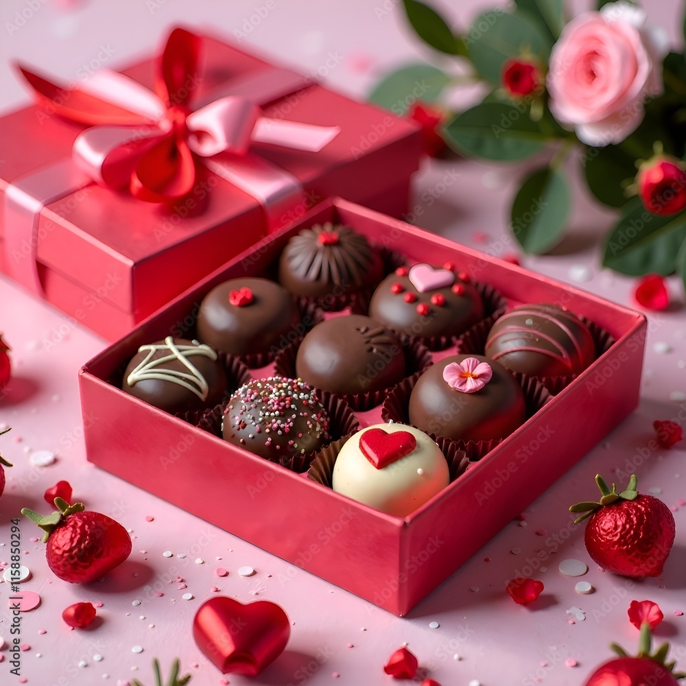A festive and colorful setting featuring a selection of handmade chocolates in a gift box, surrounded by ribbons, flowers, and small decorative elements A festive and colorful setting featuring a selection of handmade chocolates in a gift box, surrounded by ribbons, flowers, and small decorative elements
