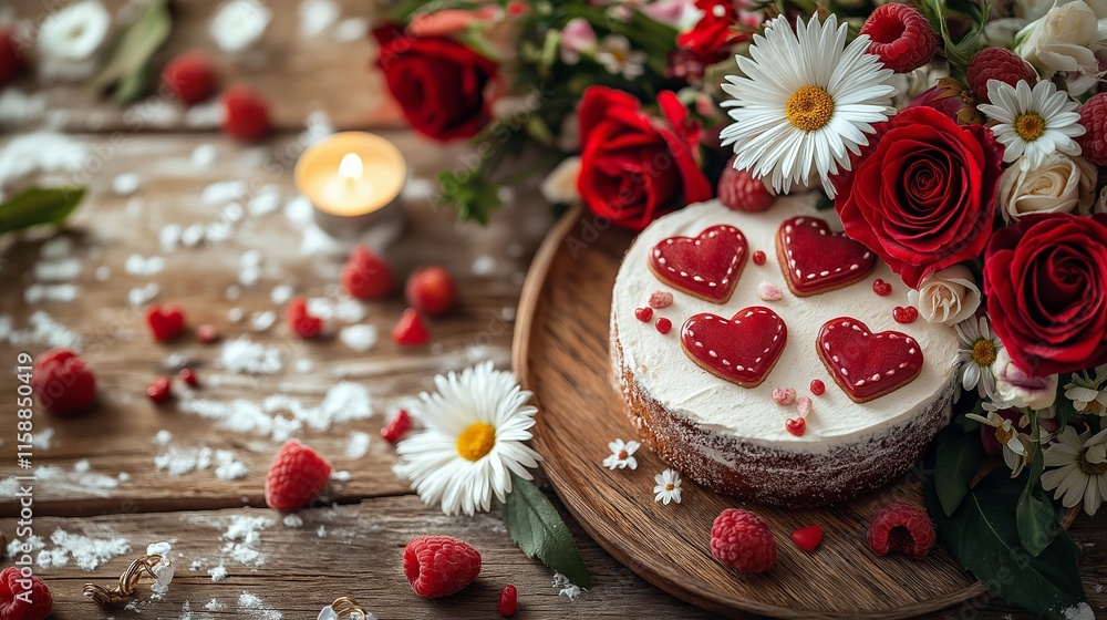 Naklejka premium A beautifully arranged Valentine's Day cake topped with heart-shaped cookies, surrounded by fresh flowers and raspberries on a rustic wooden table