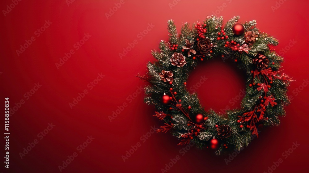 Festive Christmas wreath with pine cones, berries, and red ornaments against a red background.