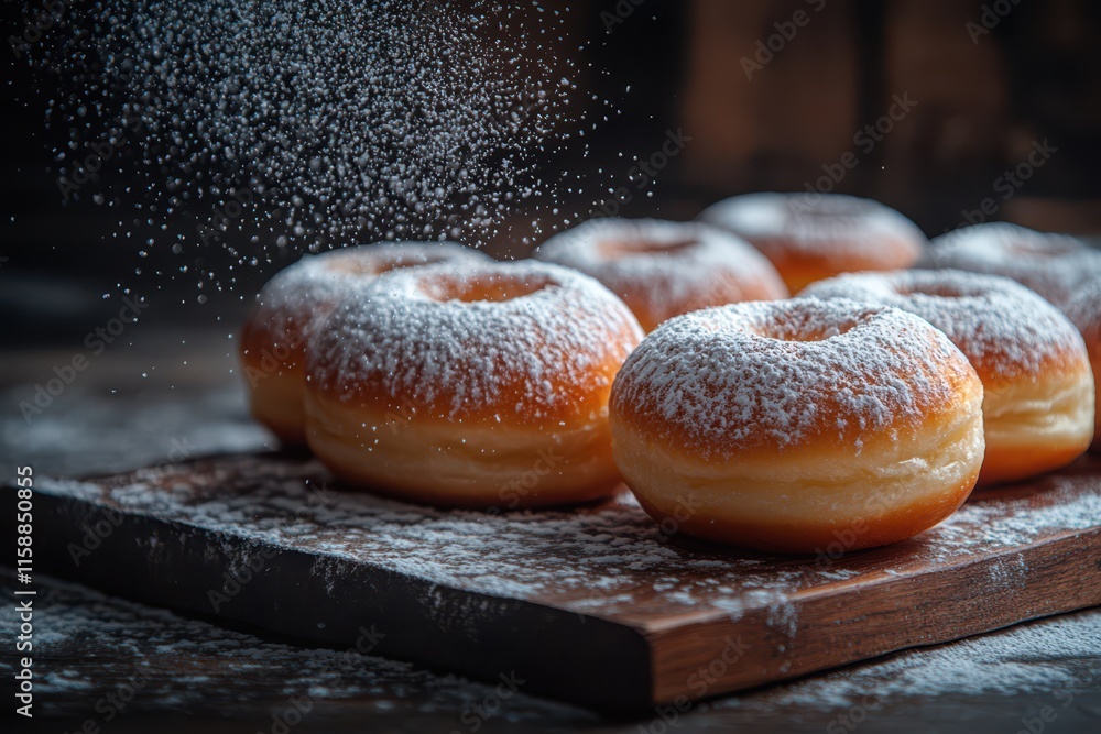 A close-up of fluffy doughnuts on an old wooden board, being sprinkled with powdered sugar against a dark backdrop. A close-up of fluffy doughnuts on an old wooden board, being sprinkled with powdered sugar against a dark backdrop.