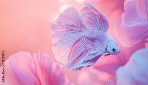 Elegant pastel pink betta fish gracefully swimming amidst delicate, translucent flowers; dreamy, serene aquatic scene.