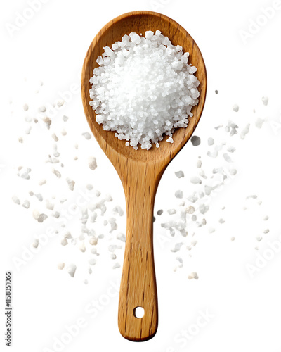 Wooden spoon with salt granules scattered, isolated on a transparent background, created using generative AI, emphasizing the texture of the salt and the natural wood grain
