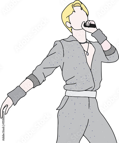 illustration of a kpop idol performing on stage holding a mic. cool Korean street idol. wear a stylish and cool silver outfit