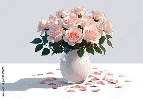 Elegant Rose Flowers with Leaves in a Vase – Vector Illustration.