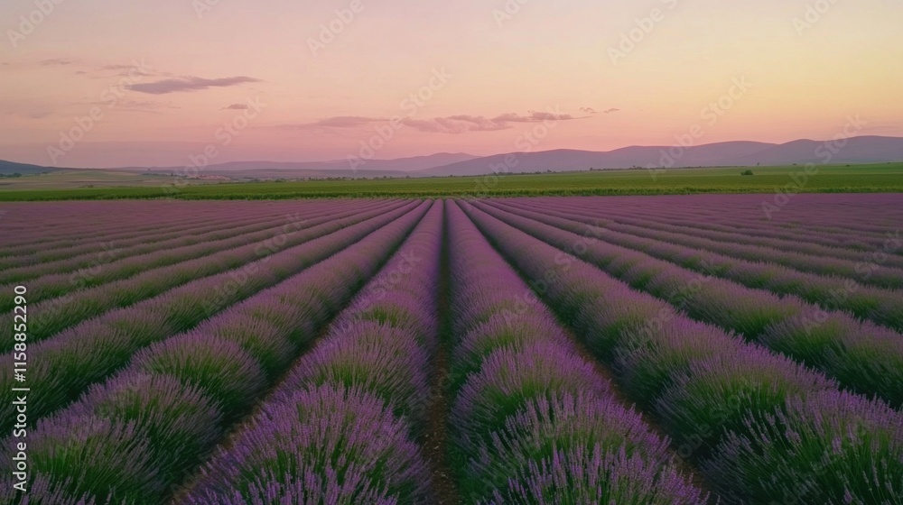 A serene field of lavender under a soft pink sunset sky, aerial shot, Minimalist style A serene field of lavender under a soft pink sunset sky, aerial shot, Minimalist style