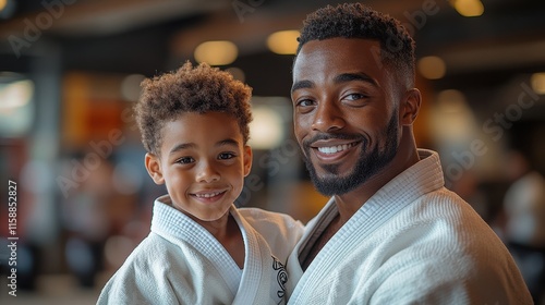 Mentor tying a white belt onto a young beginner in a martial arts dojo photo