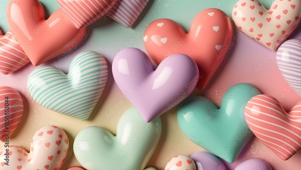 Fototapeta premium Valentine Pastel Heart Background: Features a cute and playful arrangement of pastel colored hearts with different patterns