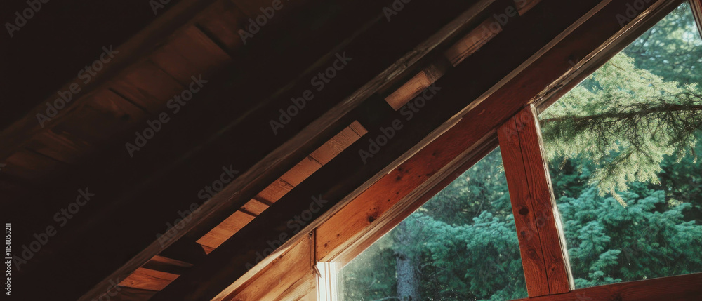 Cozy cabin interior showcasing wooden beams and natural light through the windows Cozy cabin interior showcasing wooden beams and natural light through the windows