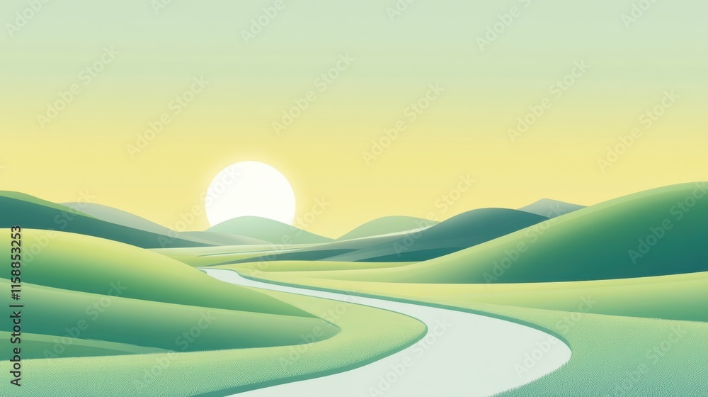 Obraz premium Serene Landscape with Rolling Hills and Gentle Curved Road