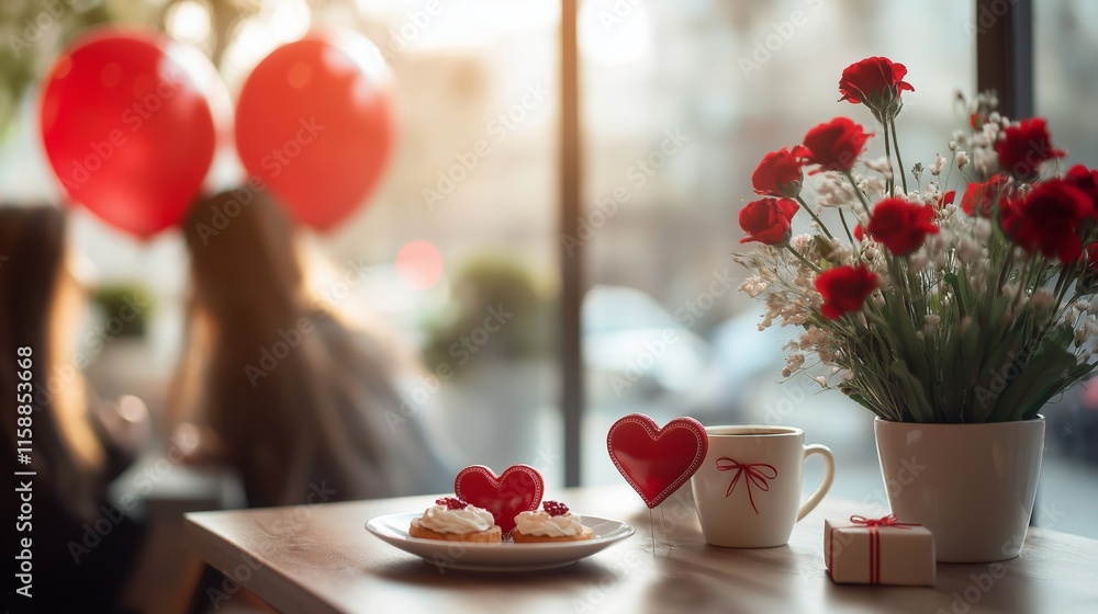 A chic café setting for Valentine's Day with a couple enjoying coffee, heart-shaped pastries, red balloons, and flower arrangements in bright natural light A chic café setting for Valentine's Day with a couple enjoying coffee, heart-shaped pastries, red balloons, and flower arrangements in bright natural light