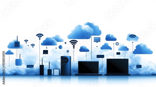 Digital cloud technology with devices and connectivity icons in a blue theme photo