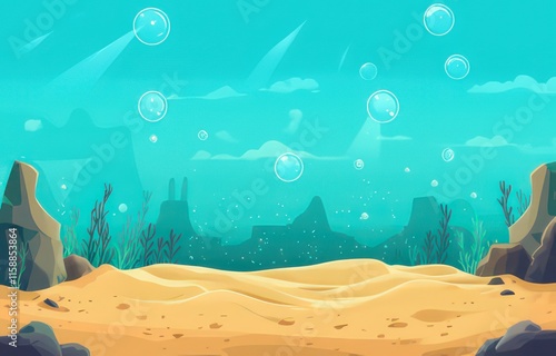 Underwater scene with bubbles, seaweed, and sandy ocean floor.