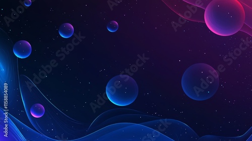 Abstract blue purple space background, floating spheres in cosmic scene, starry night sky, nebula art, digital galaxy design