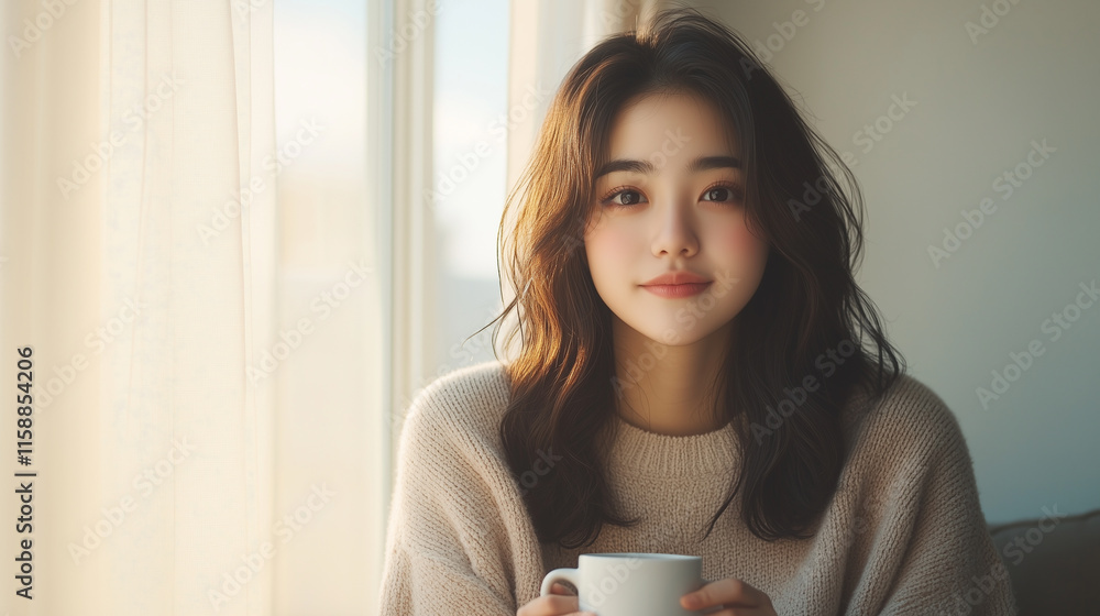 young woman with wavy hair holds cup, sitting by window with soft light. She wears cozy sweater, creating warm and inviting atmosphere. young woman with wavy hair holds cup, sitting by window with soft light. She wears cozy sweater, creating warm and inviting atmosphere.