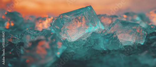 Crystalline ice surface glistens under soft lighting in vivid, saturated colors photo