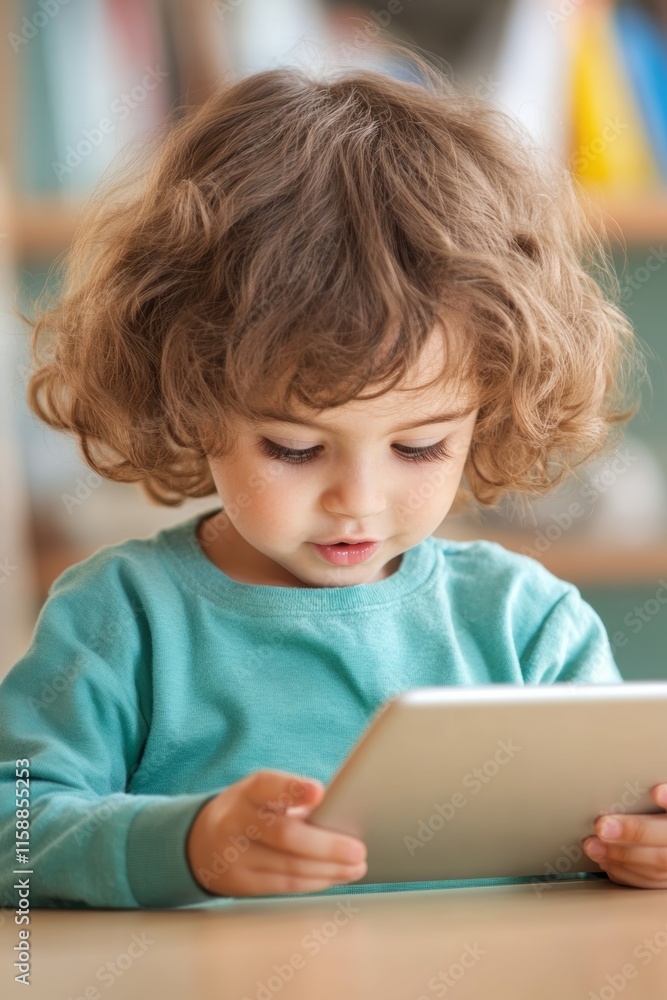 Young child reading a tablet on a soft white couch, with a stack of books nearby, perfect for early learning or digital education visuals. Young child reading a tablet on a soft white couch, with a stack of books nearby, perfect for early learning or digital education visuals.