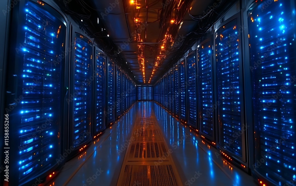 Obraz premium Illuminated server room with rows of data center racks.