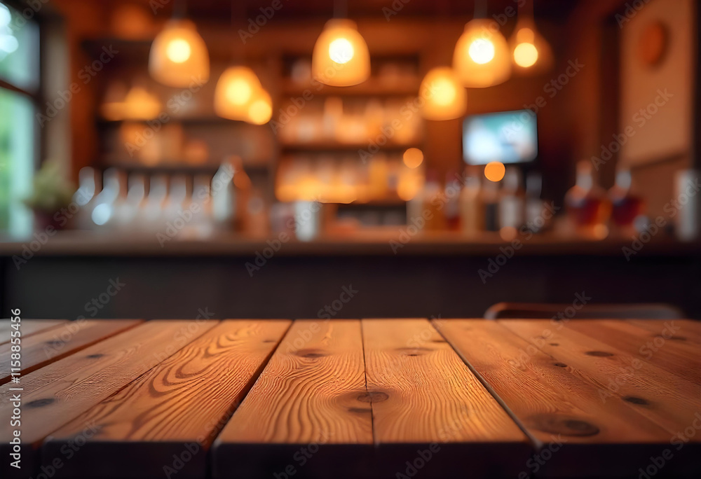 wooden table in blur restaurant, wood empty bar table wooden table in blur restaurant, wood empty bar table